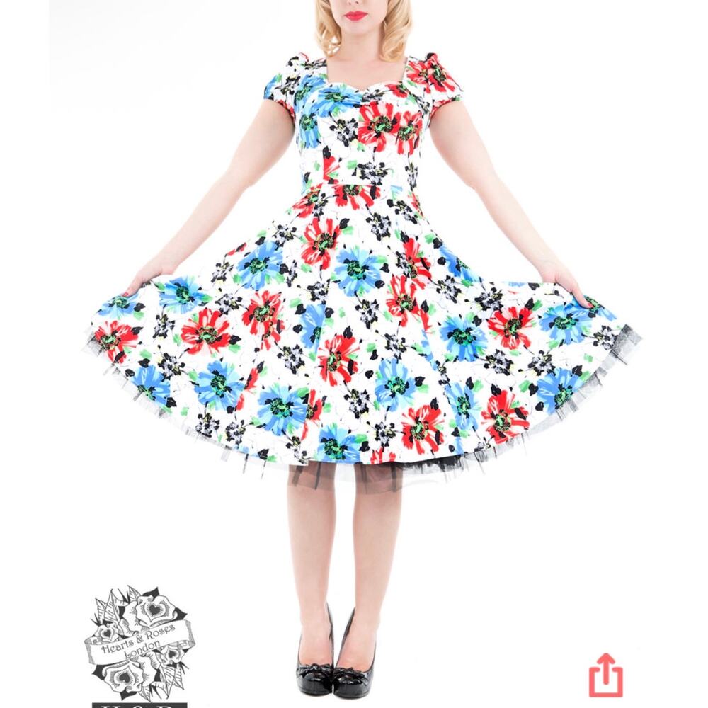 Hearts & Roses Blue Hardy Geraniums Floral Tea Dress Retro Fit & Flare US L